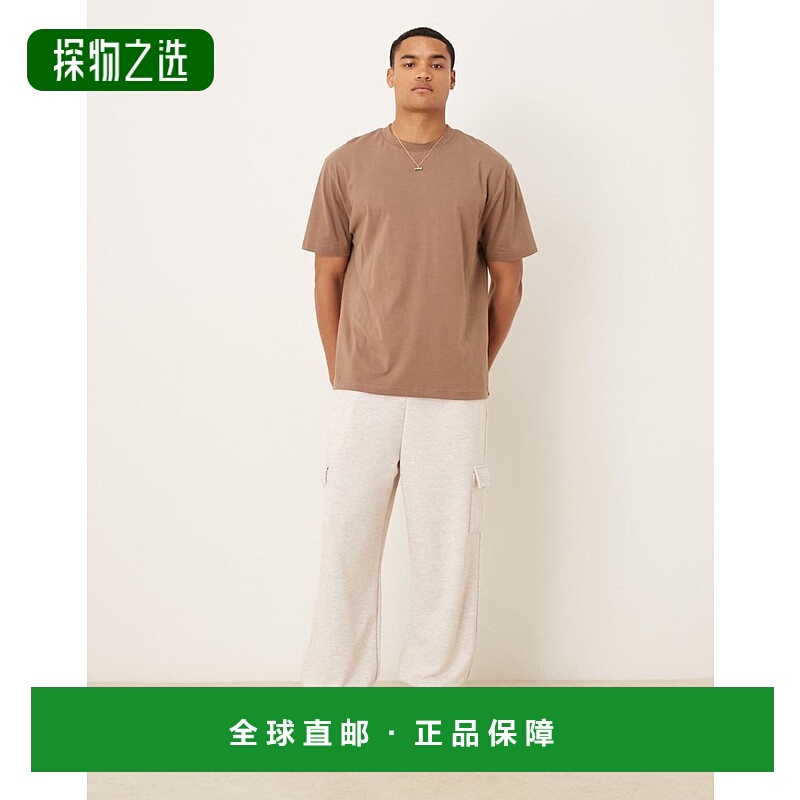 香港直邮ASOS 男士 设计锥形合身拉绒布慢跑者工装口袋石头色运动