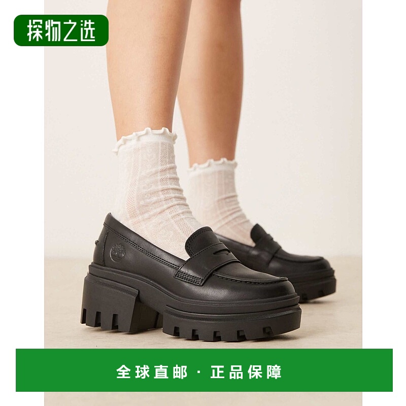 香港直邮Timberland 天伯伦 女士 Everleigh 粗跟高跟皮质便鞋(黑