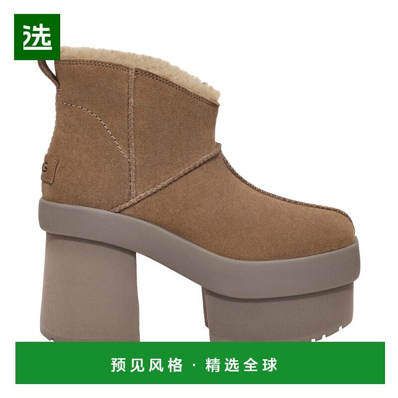 欧洲直邮UGG24新款 女士棕色麂皮鞋面防臭鞋垫防滑徽标高跟短短靴图片