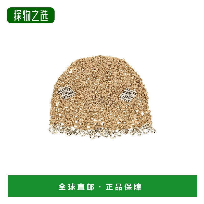 1h可退 香港直邮Rabanne 女士 水晶装饰金属感拉菲草编织帽子 25A
