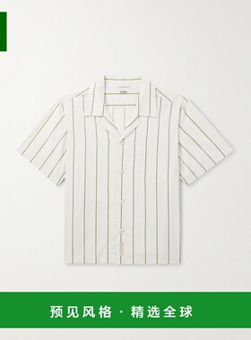 香港直邮1h可退 Bode 男士 Camp-Collar 菜绿色条纹棉质府绸衬衫