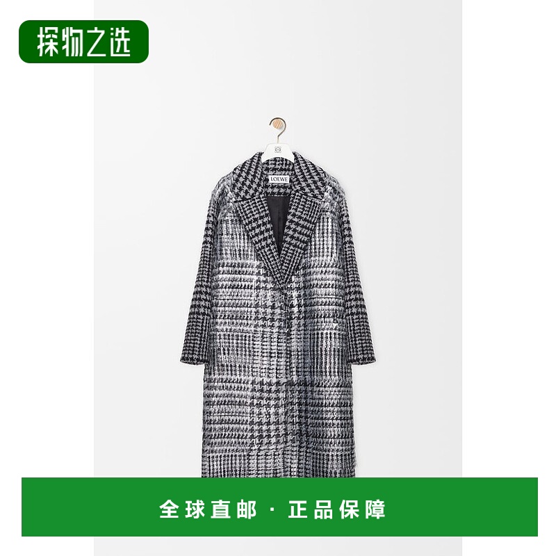 欧洲直邮Loewe罗意威 女士灰色/黑色羊毛格纹图案中长款大衣