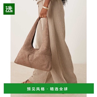 1h可退 香港直邮ASOS 女士 设计仿绒面革梯形咖啡色手提包单肩包