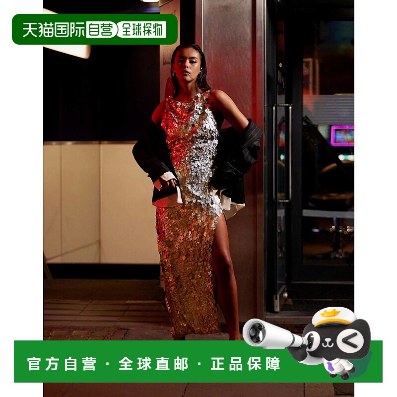 1h可退 香港直邮ASOS 女士 设计一字领全精饰大腿开衩背部开口银
