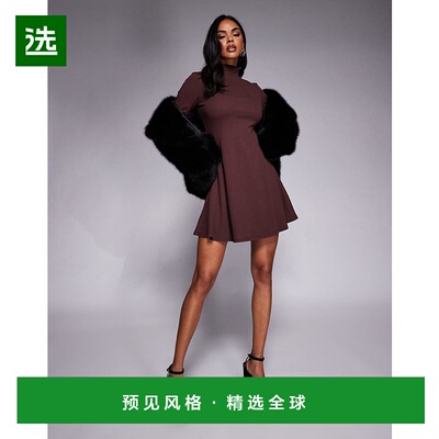 1h可退 香港直邮ASOS 女士 grown 设计高翻领迷你巧克力色连衣裙