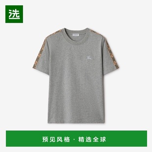 欧洲直邮Burberry博柏利 T恤 女士浅麻灰色棉格纹饰带针织上衣短袖