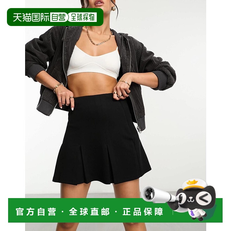 1h可退 香港直邮ASOS 女士 设计褶裥针织斜纹布迷你半身裙(黑色)