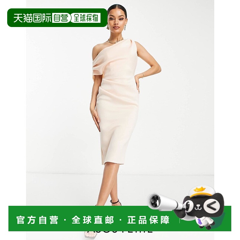 1h可退 香港直邮ASOS 女士 fallen 设计小号肩打褶水蜜桃色中长连