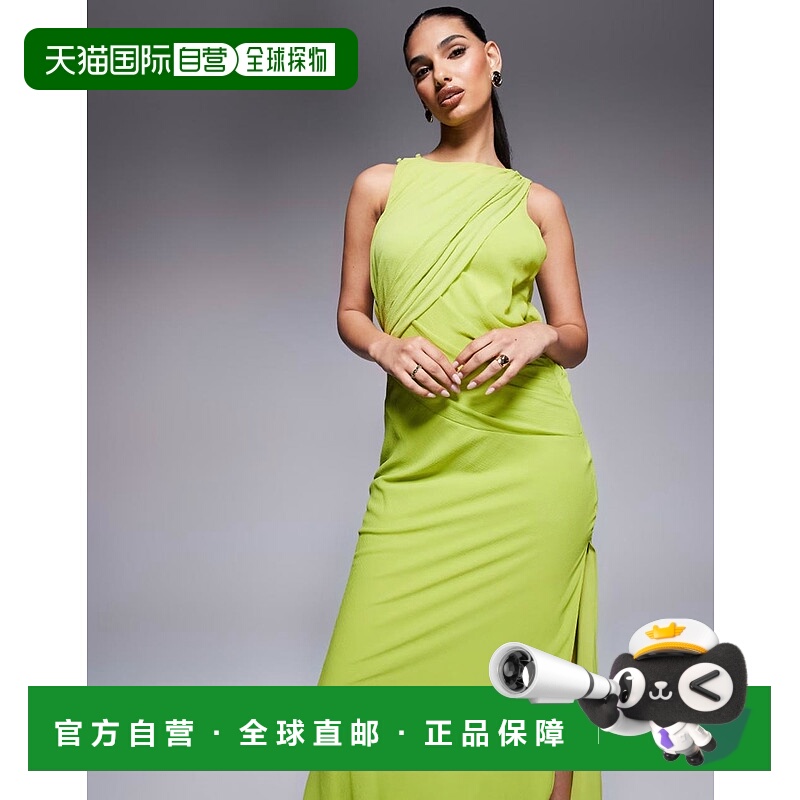 1h可退 香港直邮ASOS 女士 bias 设计织纹雪纺垂褶绿色长款连衣裙