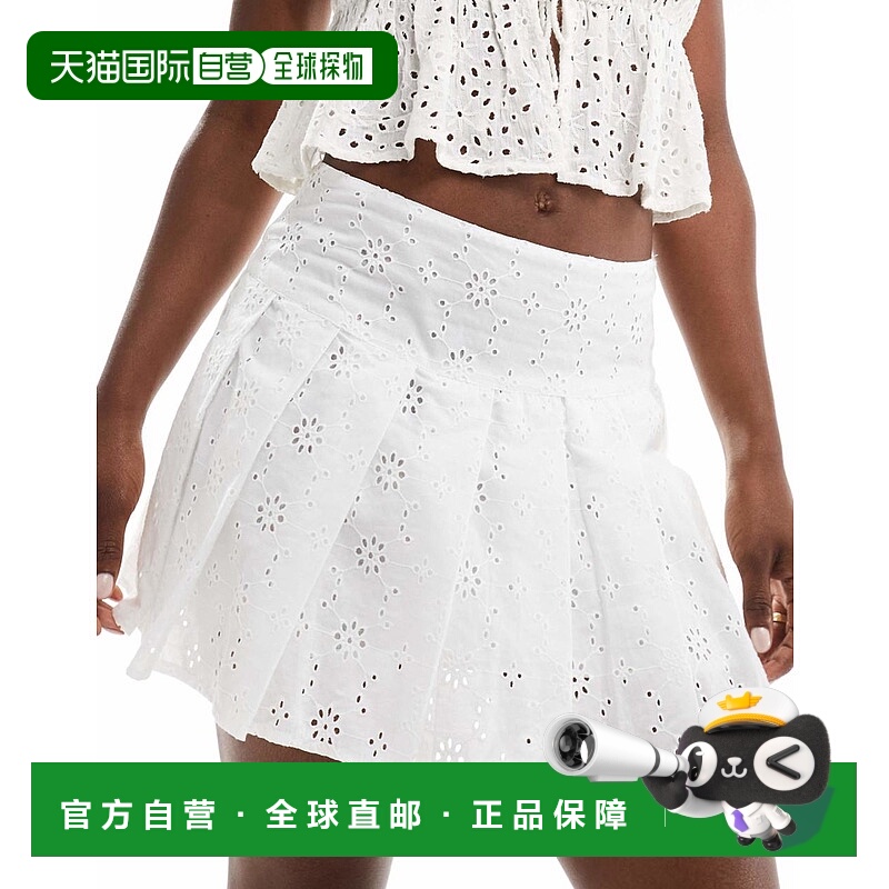 1h可退 香港直邮ASOS 女士 设计褶裥刺绣迷你半身裙(白色)