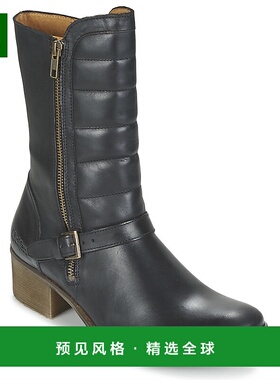 欧洲直邮kickers 女士黑色皮革中筒拉链皮带扣帅气复古时尚西部靴