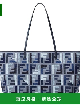 香港直邮Fendi Roll  FF 刺绣蓝色帆布购物袋手提包 8BH425AV11