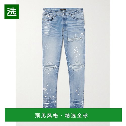香港直邮1h可退 AMIRI 男士 MX1 修身直筒拼接磨破颜料溅染牛仔裤