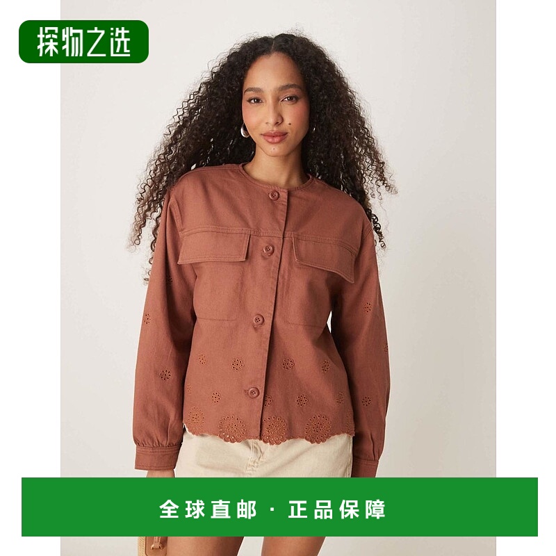 香港直邮ASOS 女士 设计无领斜纹布刺绣铁锈色夹克