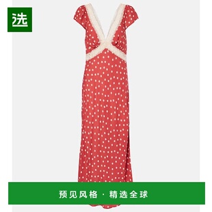 1h可退 香港直邮RIXO 女士 Iggy 波尔卡圆点蕾丝边缎面中长连衣裙