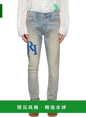 香港直邮AMIRI 男士 蓝色 Staggered Logo Skinny 牛仔裤 AMDNSY1