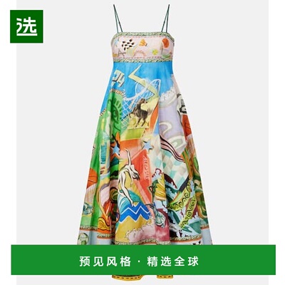 1h可退 香港直邮ALÉMAIS 女士 Lucky Pace 印花亚麻中长连衣裙