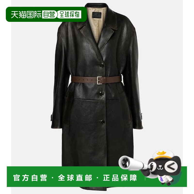 1h可退 香港直邮Prada 普拉达 女士 皮革裹式大衣 black黑色 舒适