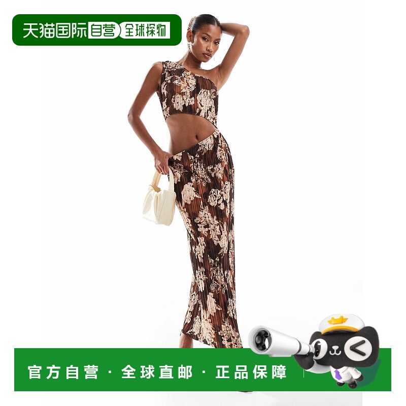 1h可退 香港直邮ASOS 女士 设计剪口单肩打褶棕色印花中长连衣裙