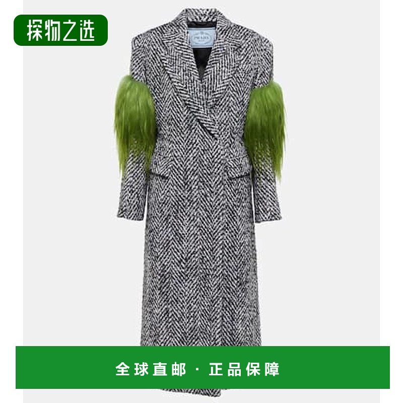 香港直邮Prada 普拉达 女士 皮毛饰边花呢大衣 grey灰色 舒适时尚