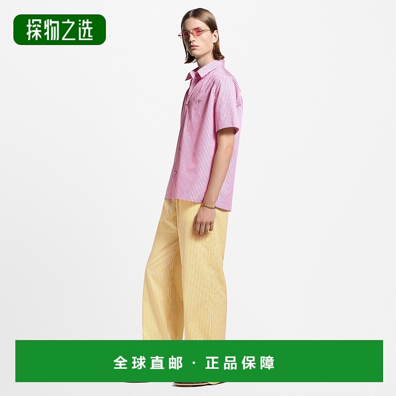 自营欧洲直邮LV路易威登 Monogram系列男士亮粉色棉条纹短袖衬衫