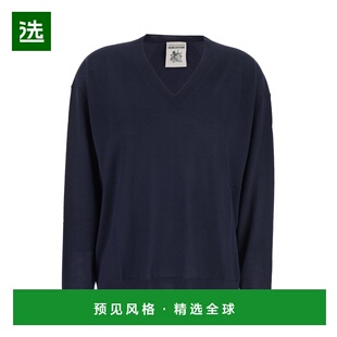 1h可退 香港直邮Semicouture 女士 Trims 蓝色V领罗纹羊毛毛衣 Y5