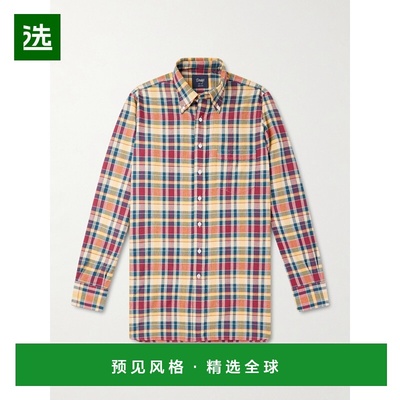 1h可退 drakes 男士 Cotton-Madras 领尖带扣式格纹衬衫