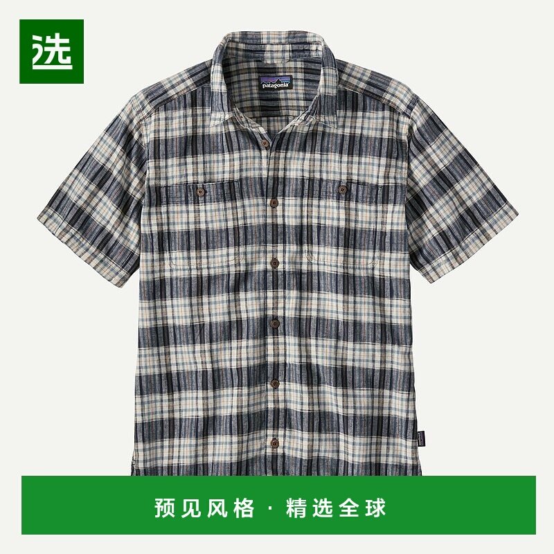 欧洲直邮PATAGONIA 男士米色/海军蓝麻/棉短袖衬衫男装