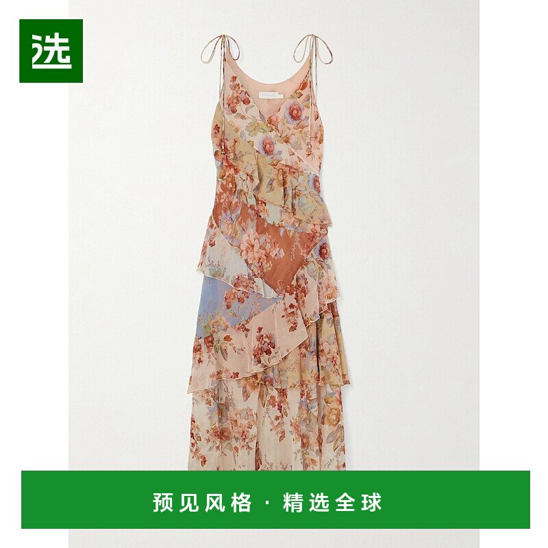 1h可退 ZIMMERMANN 女士 Awaken 荷葉邊拼接印花吊帶洋裝