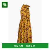 香港直邮ULLA JOHNSON 女士 1h可退 Maya 抽褶印花真丝雪纺中长连