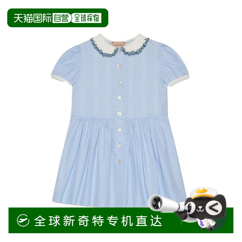 欧洲直邮Gucci/古驰 女童浅蓝色棉府绸娃娃领带花边短袖连衣裙