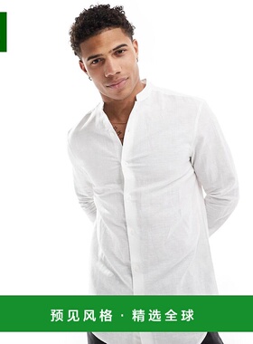 1h可退 香港直邮ASOS 男士 smart 设计常规亚麻中式领衬衫(白色)