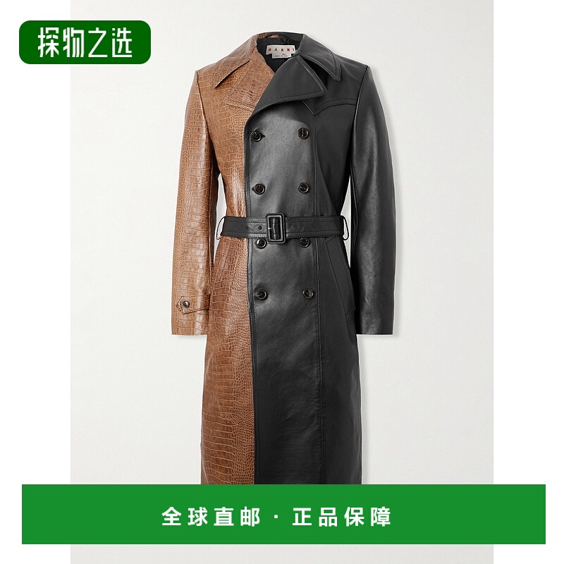 香港直邮Marni 玛尼 男士 Two-Tone 双排扣束带鳄鱼纹皮革大衣 TU