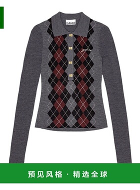 香港直邮Ganni 长袖POLO衫针织衫 K2314羊毛翻领