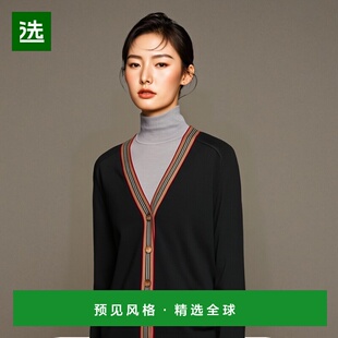 欧洲直邮BURBERRY博柏利 女士黑色羊毛制V领单排扣开开衫休闲舒适