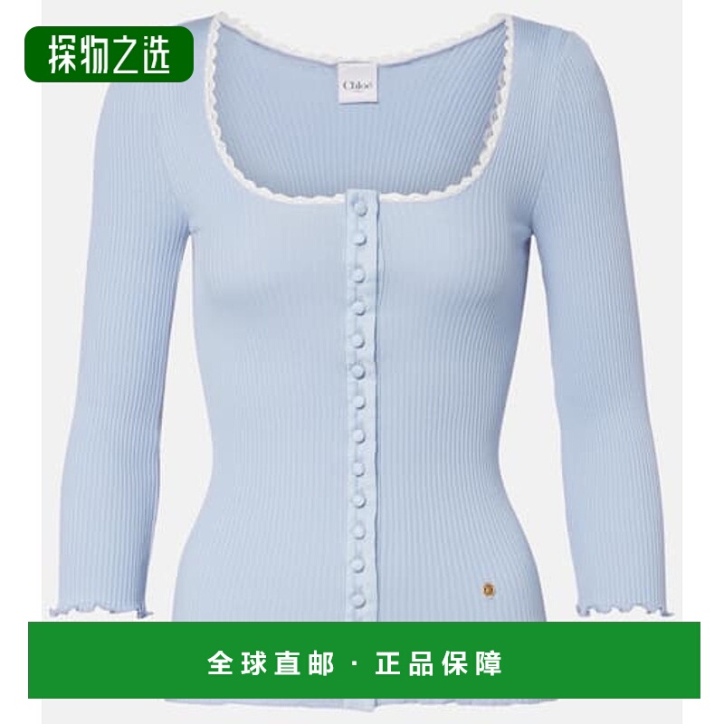 1h可退 香港直邮Chloe 蔻依 女士 蕾丝边罗纹针织棉质针织开衫