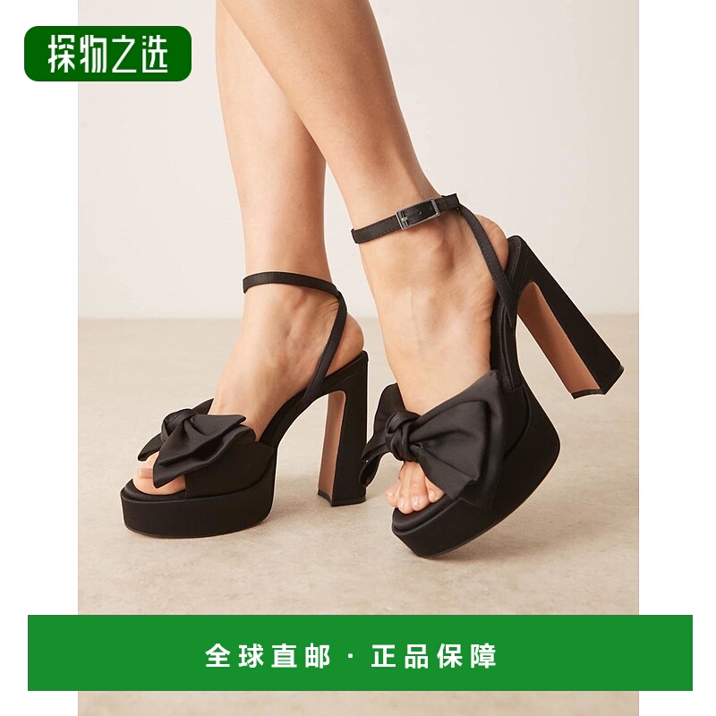 香港直邮ASOS 女士 Nala 设计超大蝴蝶结防水台鞋跟绸缎凉鞋(黑色