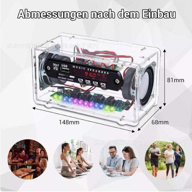 蓝牙音箱套件FM收音机插卡音响 带LED声控电平指示灯亚克力壳散件