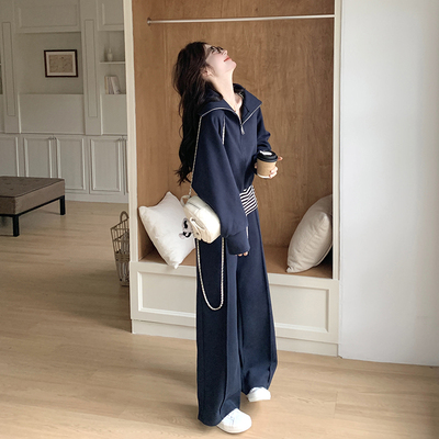 藏青色卫衣条纹背心阔腿