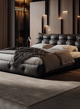 大黑熊真皮床意式轻奢真皮床主卧高端大气黑色轻奢真皮软包双人床