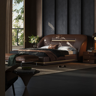 意式 2米2 极简真皮床复古风主卧大床高端别墅轻奢软包双人床2米