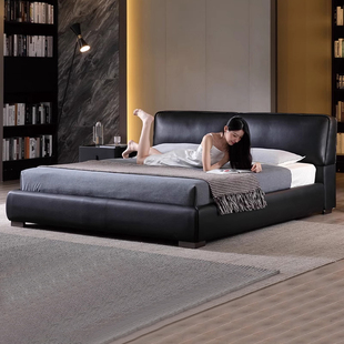 大黑牛主卧大床意式 轻奢主卧室2米x2.2米床黑色豆腐块床双人床