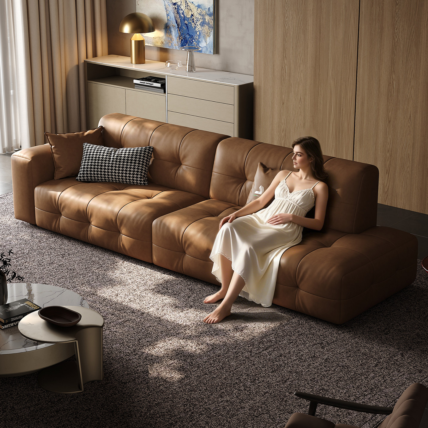 意式真皮沙发头层牛皮轻奢复古客厅小户型直排单扶手贵妃沙发