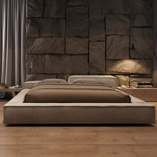 Aurtop意式 极简榻榻米布艺床简约现代双人1.8米高低床豆腐块床