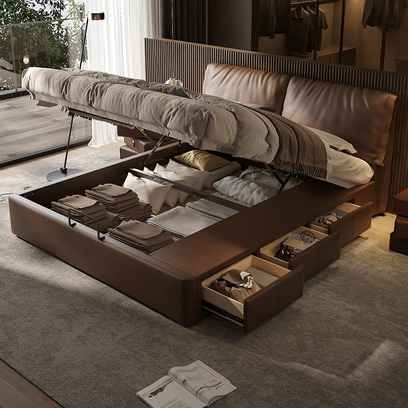 意式极简大象耳朵高箱储物真皮床