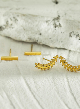 欧美风轻奢2对麦穗叶子耳钉18K镀金耳骨钉独特耳洞简约气质情侣