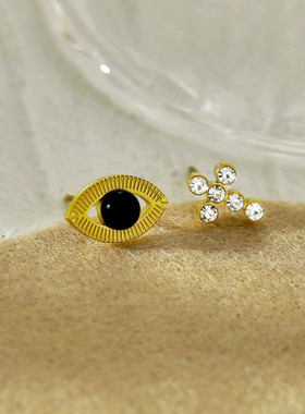 欧美风轻奢2对邪眼十字架耳钉黑玛瑙18K镀金独特耳洞简约气质情侣