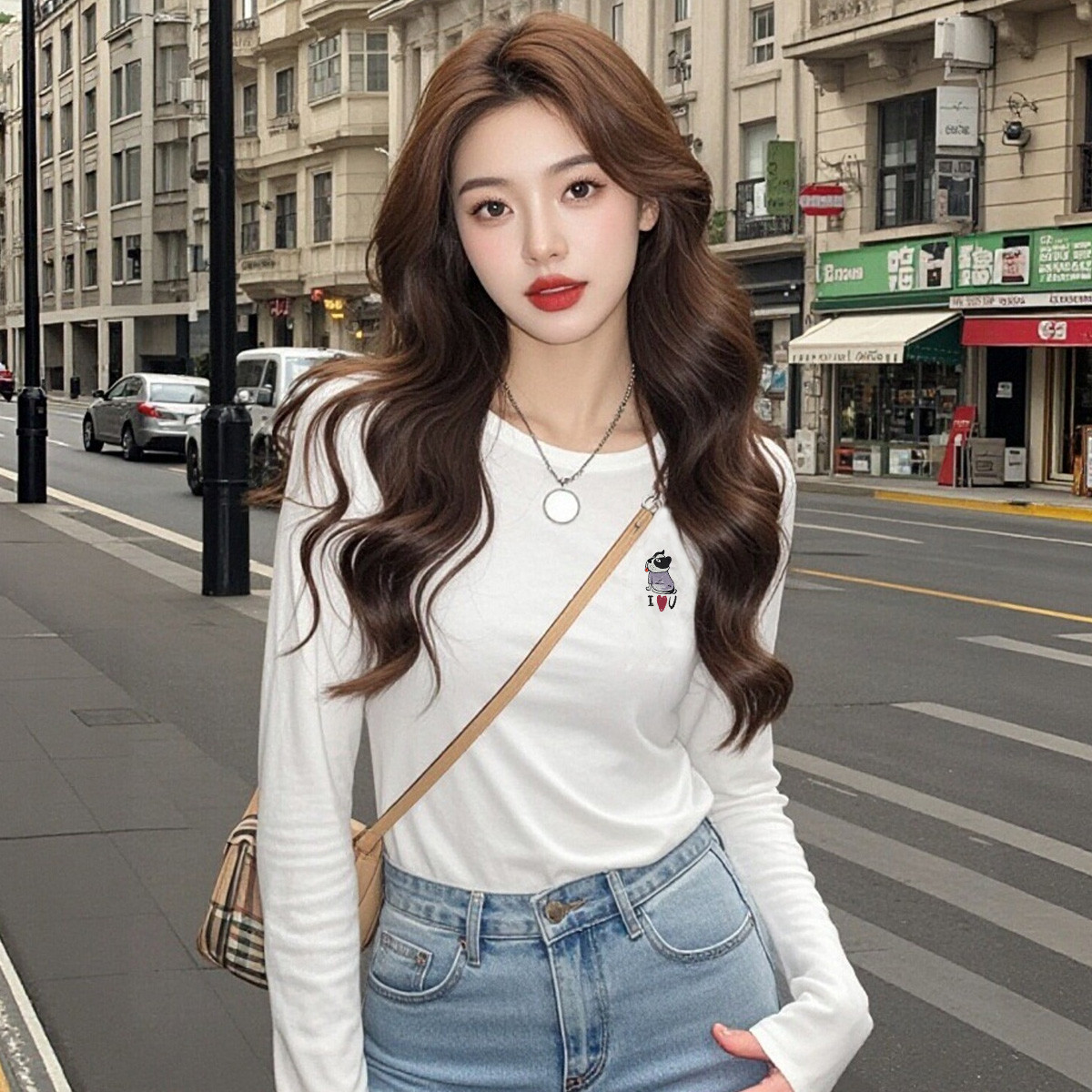 纯棉长袖t恤女秋季内搭外穿亲肤舒适合身正肩长袖上衣体恤打底衫X