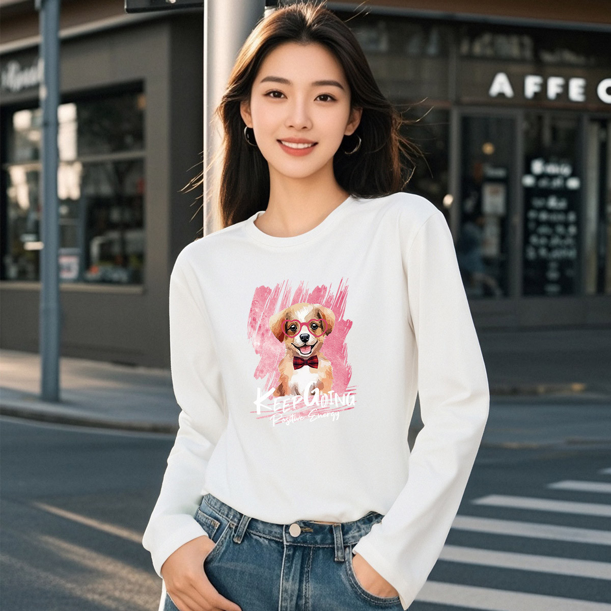 【可爱小狗印花】秋季纯棉长袖t恤女合身正肩上衣显瘦体恤打底衫X