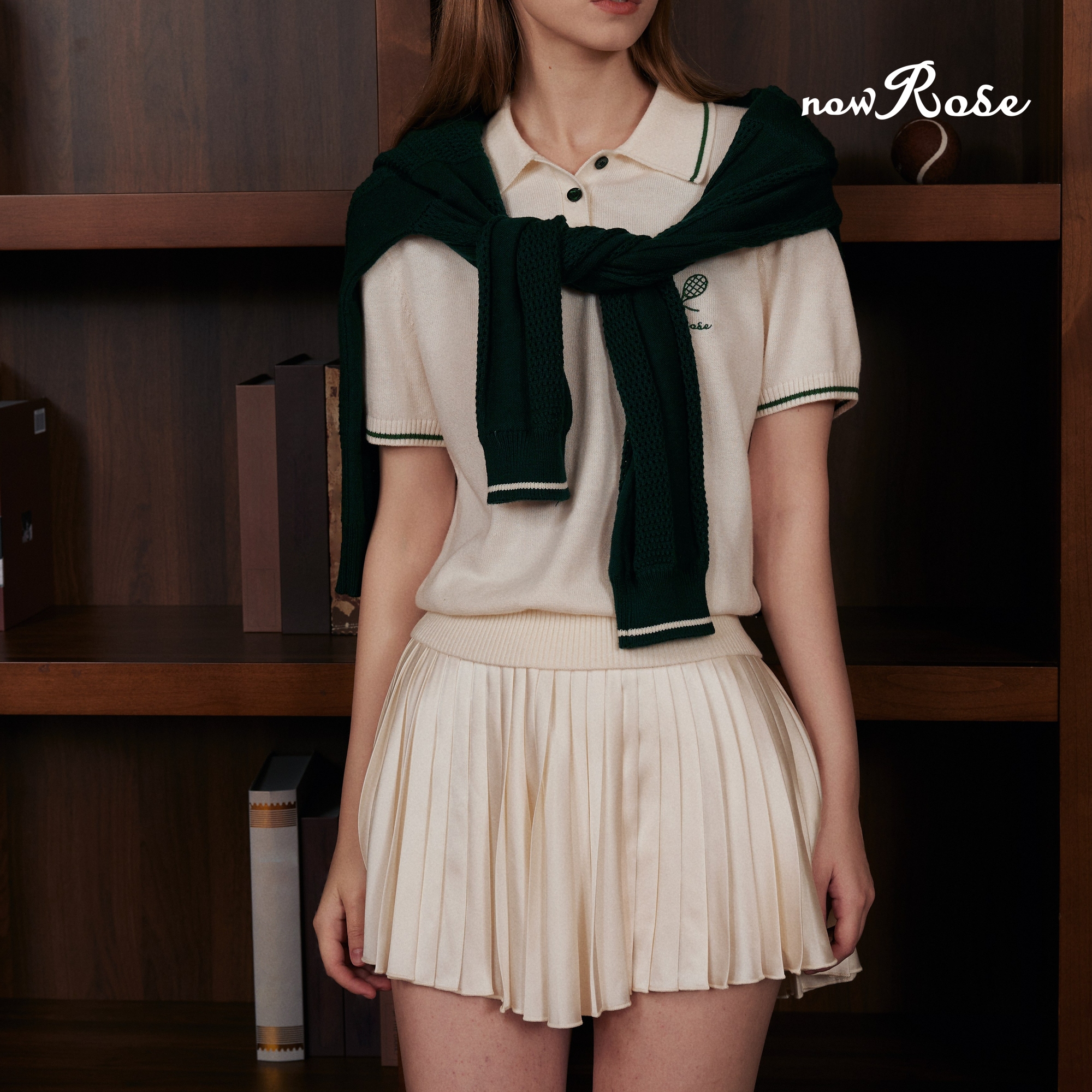 NowRose复古缎面网球百褶裙